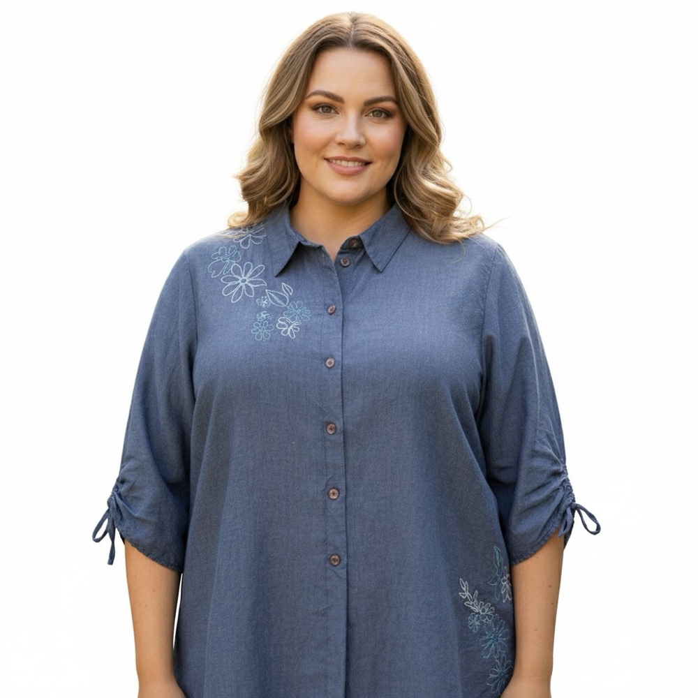 Avenue Women’s Embroidered Button Up Top Blouse 26 / 28 Floral Linen Chambray